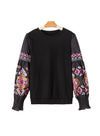 PACK25124468-P2-1, Black Printed Balloon Sleeve Crew Neck Blouse