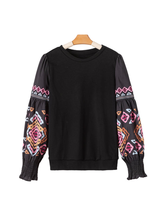 PACK25124468-P2-1, Black Printed Balloon Sleeve Crew Neck Blouse
