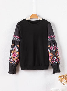  PACK25124468-P2-1, Black Printed Balloon Sleeve Crew Neck Blouse