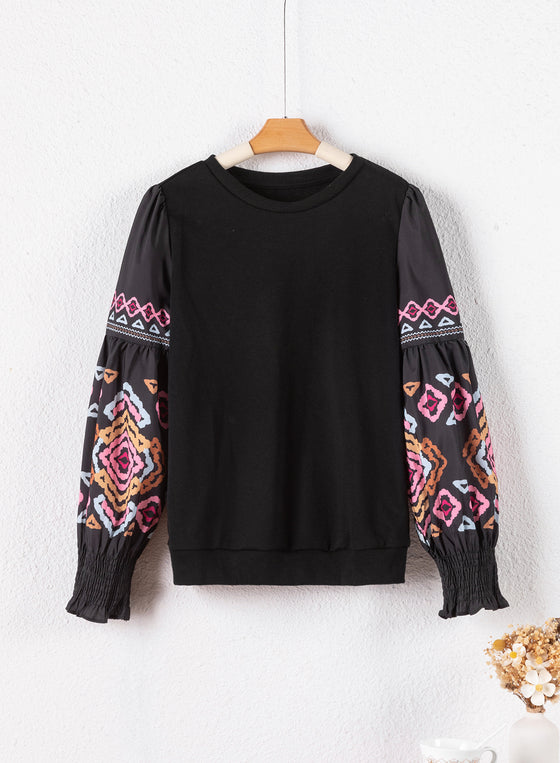 PACK25124468-P2-1, Black Printed Balloon Sleeve Crew Neck Blouse