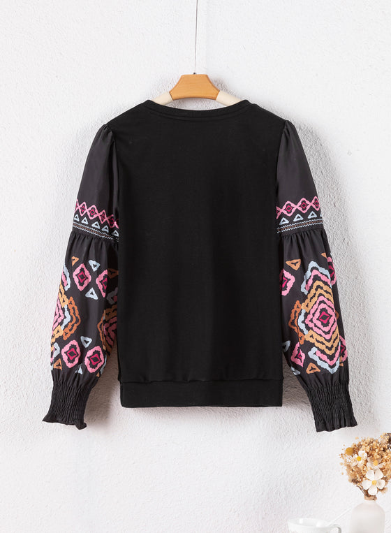 PACK25124468-P2-1, Black Printed Balloon Sleeve Crew Neck Blouse
