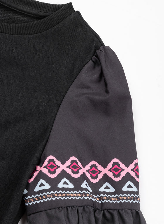 PACK25124468-P2-1, Black Printed Balloon Sleeve Crew Neck Blouse