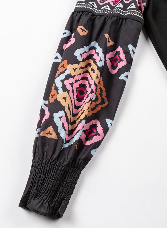 PACK25124468-P2-1, Black Printed Balloon Sleeve Crew Neck Blouse