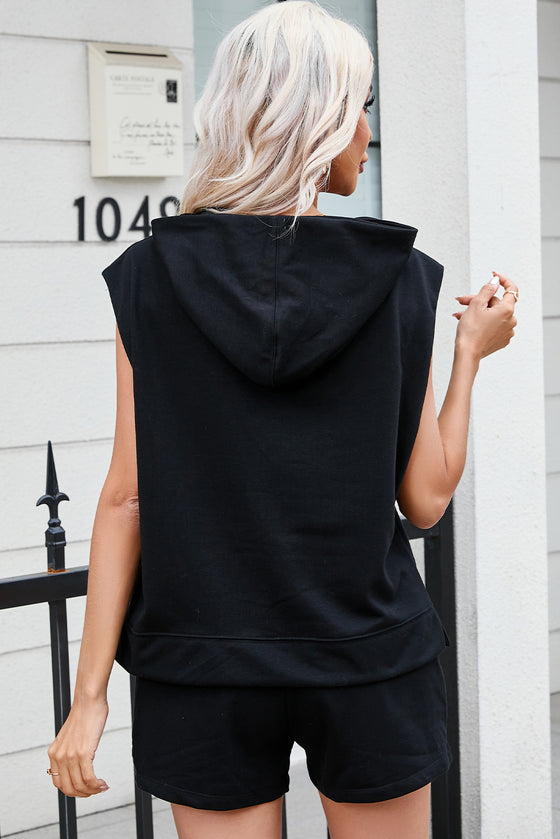 PACK625624-P2-1, Black Solid Color Sleeveless Hoodie and Shorts Set