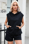 PACK625624-P2-1, Black Solid Color Sleeveless Hoodie and Shorts Set