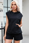 PACK625624-P2-1, Black Solid Color Sleeveless Hoodie and Shorts Set