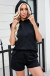 PACK625624-P2-1, Black Solid Color Sleeveless Hoodie and Shorts Set