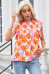 PACK25126220-P1420-1, Orange Ruffled Sleeve Smocked Floral Top
