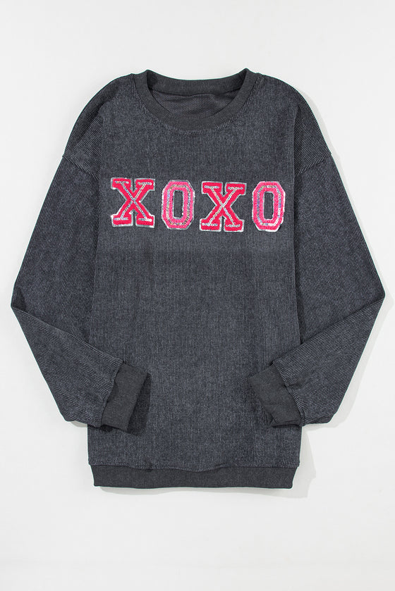 PACK25316982-11-1, Gray Valentine Sequin XOXO Corded Crew Neck Sweatshirt