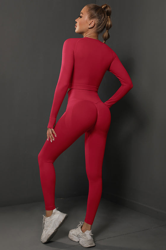 PACK2611590-P3-1, Fiery Red Solid Long Sleeve Two Piece Yoga Set