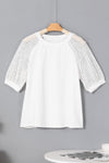 PACK25223658-P1-1, White Pointelle Lace Half Sleeve Crew Neck Tee
