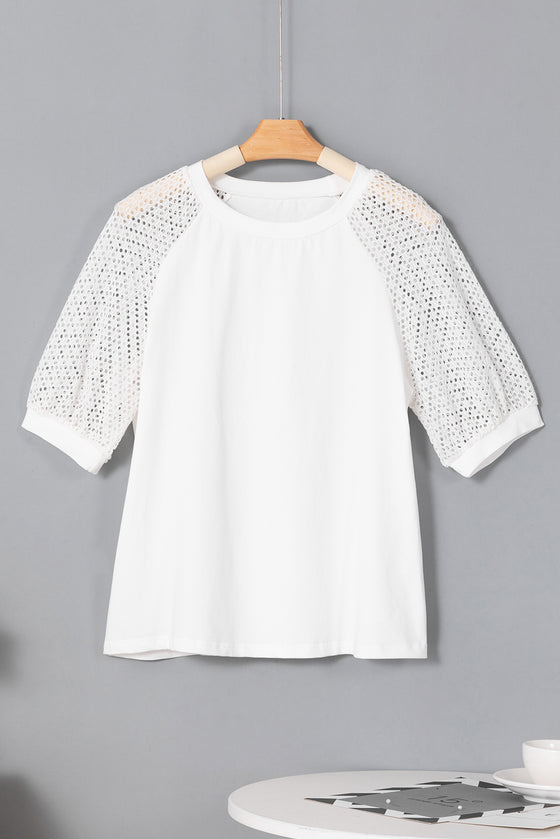 PACK25223658-P1-1, White Pointelle Lace Half Sleeve Crew Neck Tee