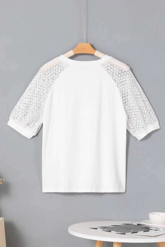 PACK25223658-P1-1, White Pointelle Lace Half Sleeve Crew Neck Tee