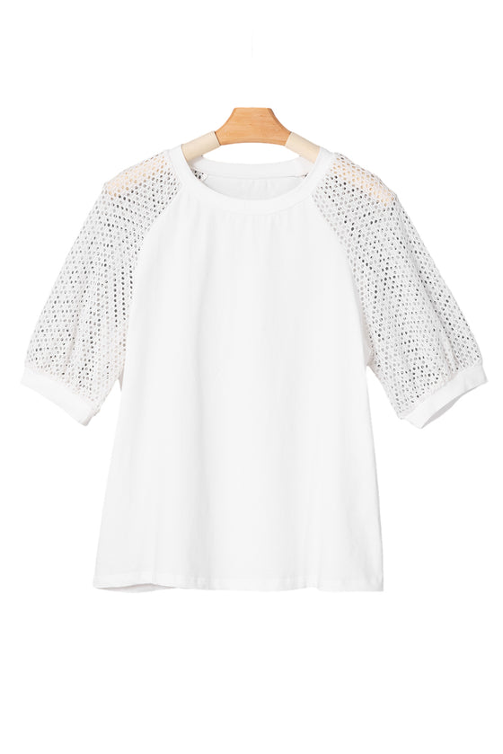 PACK25223658-P1-1, White Pointelle Lace Half Sleeve Crew Neck Tee