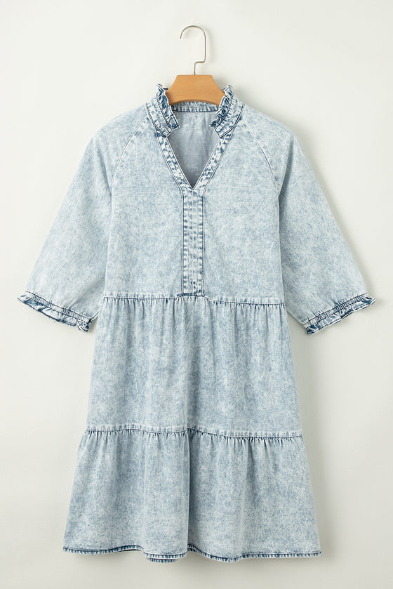 PACK786532-P704-1, Dusk Blue Acid Wash Retro Half Sleeve Flared Denim Dress