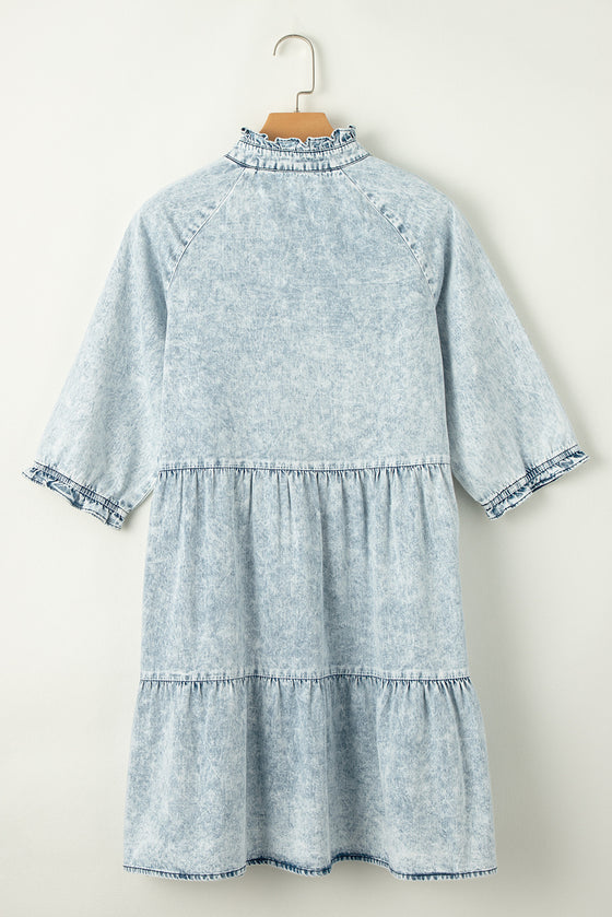 PACK786532-P704-1, Dusk Blue Acid Wash Retro Half Sleeve Flared Denim Dress