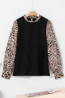  PACK25125885-P2-2, Black Contrast Leopard Print Lantern Sleeve Blouse