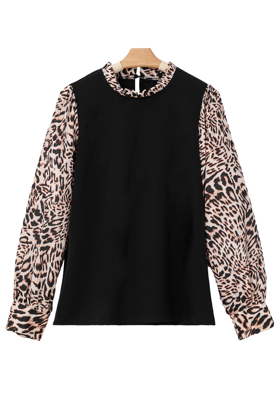 PACK25125885-P2-2, Black Contrast Leopard Print Lantern Sleeve Blouse