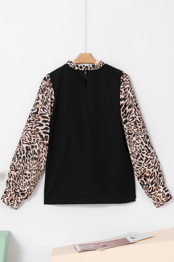 PACK25125885-P2-2, Black Contrast Leopard Print Lantern Sleeve Blouse
