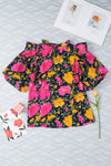 PACK25126107-P622-1, Rose Red Floral Bubble Sleeve Notch V Neck Ruffled Blouse
