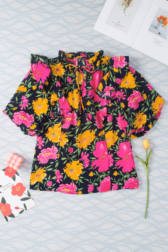 PACK25126107-P622-1, Rose Red Floral Bubble Sleeve Notch V Neck Ruffled Blouse