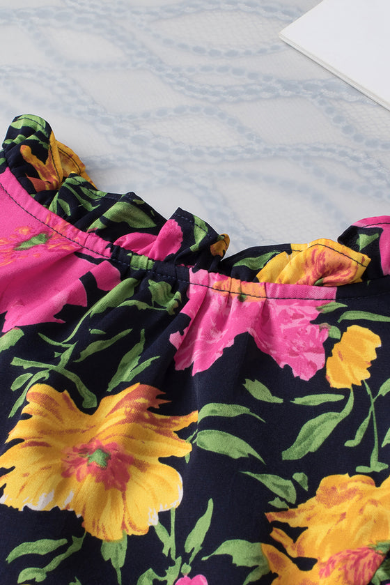 PACK25126107-P622-1, Rose Red Floral Bubble Sleeve Notch V Neck Ruffled Blouse