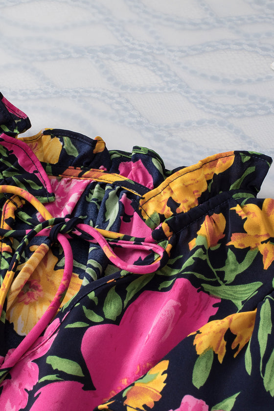 PACK25126107-P622-1, Rose Red Floral Bubble Sleeve Notch V Neck Ruffled Blouse