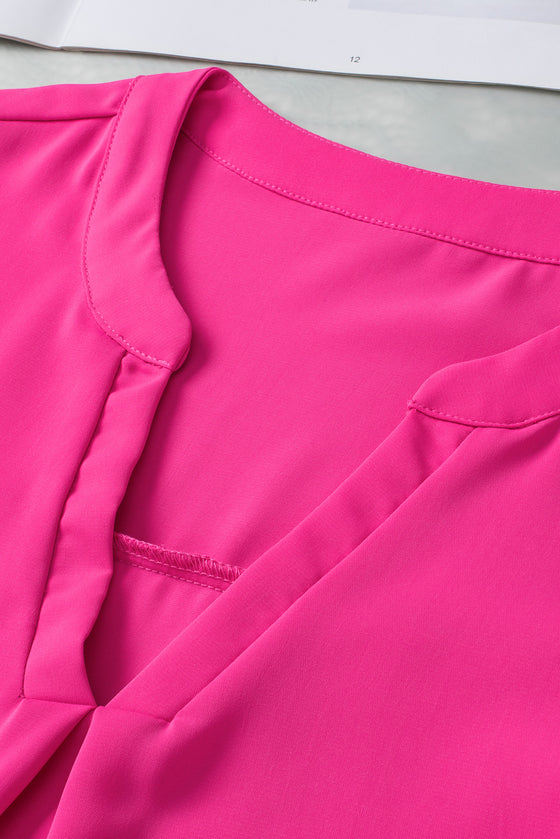 PACK25126116-P6-1, Rose Red Notched Neck Ruffle Sleeve Blouse