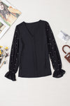 PACK25126304-P2-1, Black Pearl Mesh Flounce Sleeve V Neck Blouse