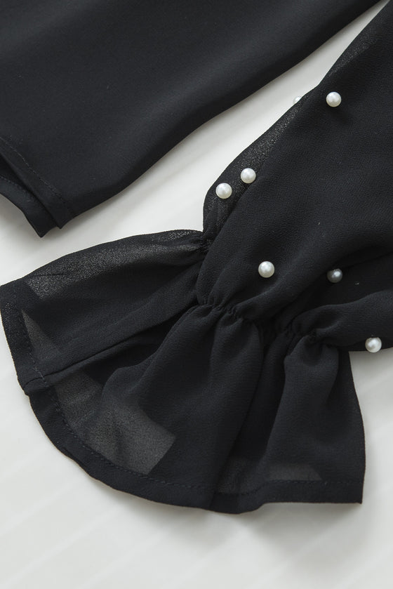 PACK25126304-P2-1, Black Pearl Mesh Flounce Sleeve V Neck Blouse