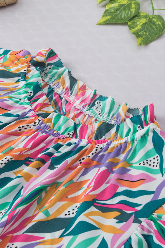 PACK25126598-P622-1, Rose Red Floral Print Ruffled Flutter Sleeve Blouse