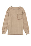 PACK25223314-P5016-1, Pale Khaki Loose Exposed Stitching Textured Knit Top