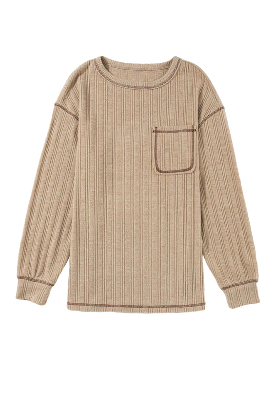 PACK25223314-P5016-1, Pale Khaki Loose Exposed Stitching Textured Knit Top