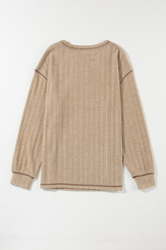 PACK25223314-P5016-1, Pale Khaki Loose Exposed Stitching Textured Knit Top