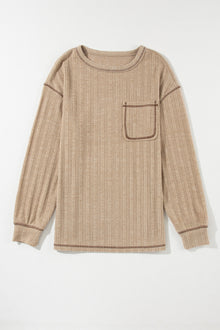  PACK25223314-P5016-1, Pale Khaki Loose Exposed Stitching Textured Knit Top