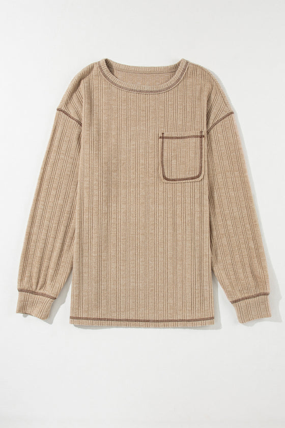 PACK25223314-P5016-1, Pale Khaki Loose Exposed Stitching Textured Knit Top