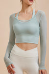 PACK264741-P1209-1, Laurel Green Fake 2 Pieces Long Sleeve Cropped Sports Top