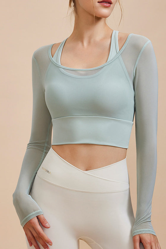 PACK264741-P1209-1, Laurel Green Fake 2 Pieces Long Sleeve Cropped Sports Top