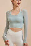 PACK264741-P1209-1, Laurel Green Fake 2 Pieces Long Sleeve Cropped Sports Top