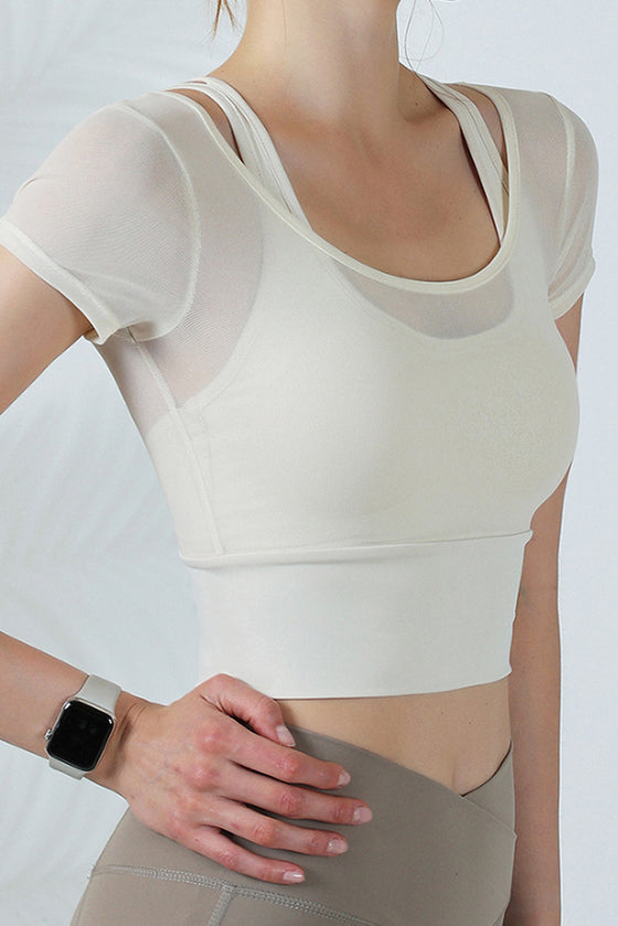 PACK264742-P101-1, White Fake Two Pieces Short Sleeve Cropped Sports Teed