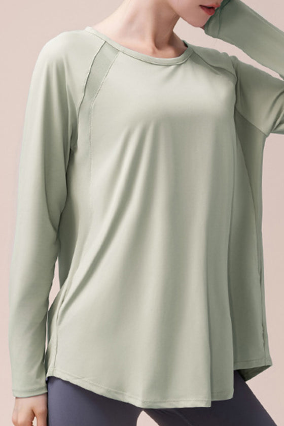 PACK264744-P1209-1, Laurel Green Back Slit Yoga Workout Long Sleeve Top