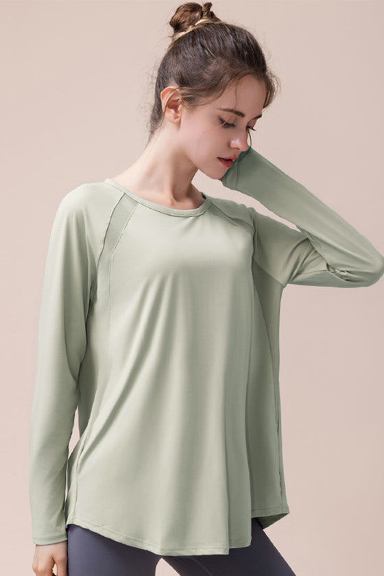 PACK264744-P1209-1, Laurel Green Back Slit Yoga Workout Long Sleeve Top