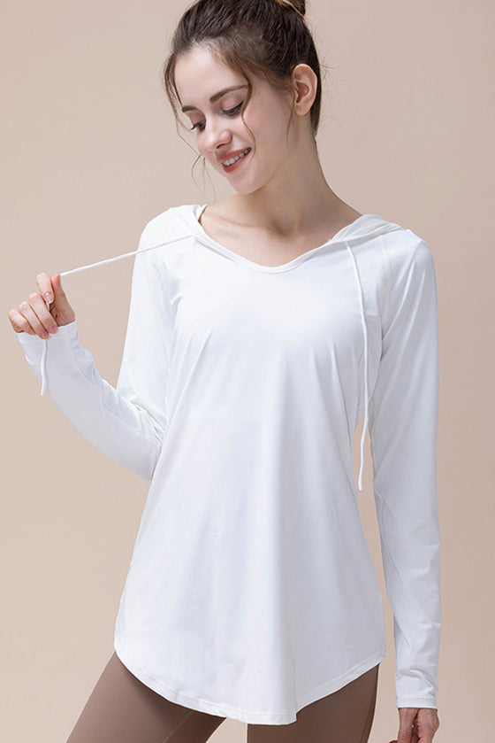 PACK264743-P1-1, White Hooded Long Sleeve Athletic Top