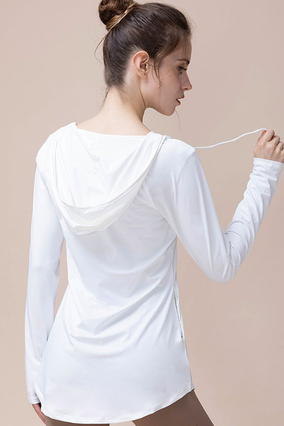 PACK264743-P1-1, White Hooded Long Sleeve Athletic Top
