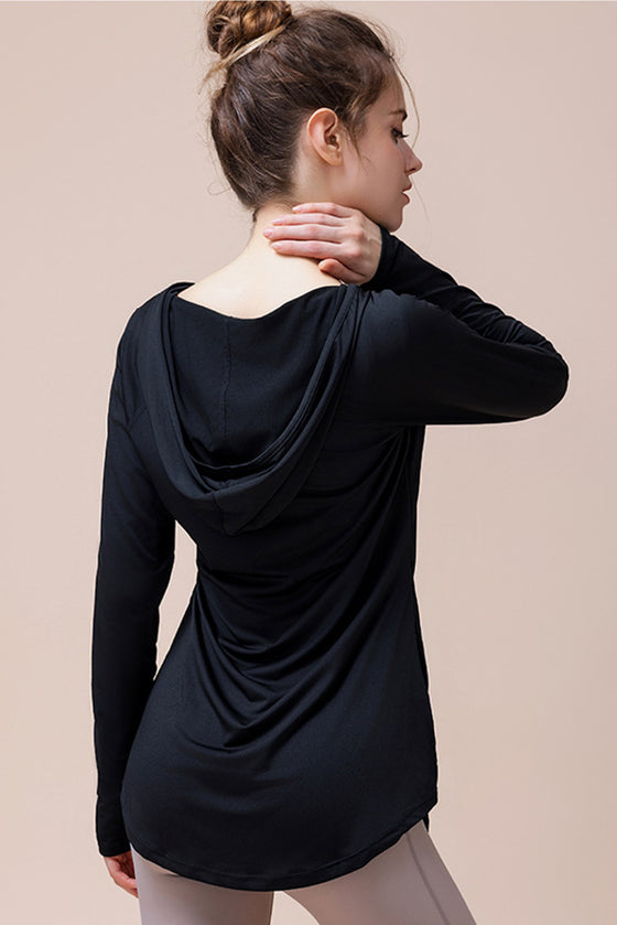 PACK264743-P2-1, Black Hooded Long Sleeve Athletic Top