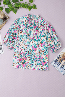  PACK25126121-P422-1, Light Blue Abstract Print Puff Sleeve Mock Neck Blouse