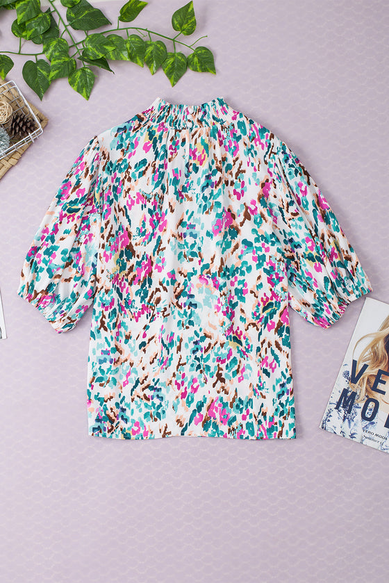 PACK25126121-P422-1, Light Blue Abstract Print Puff Sleeve Mock Neck Blouse