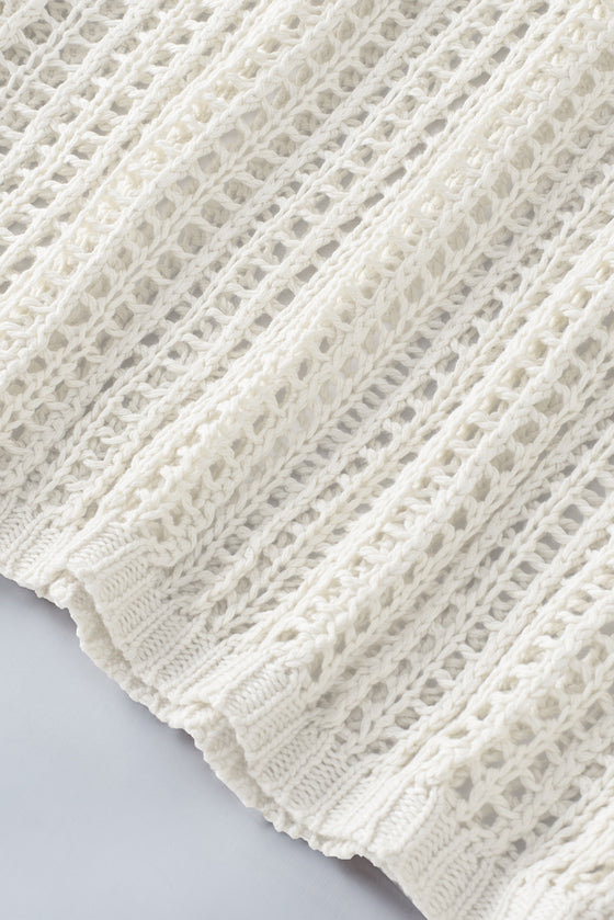 PACK277006-1-2, White Fishnet Knit Ribbed Round Neck Short Sleeve Sweater Tee