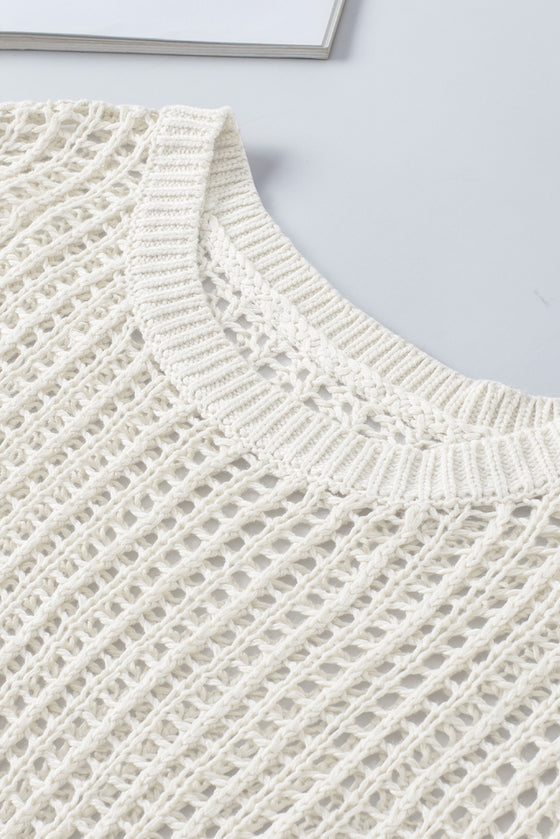 PACK277006-1-2, White Fishnet Knit Ribbed Round Neck Short Sleeve Sweater Tee