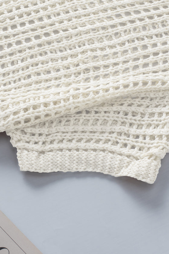 PACK277006-1-2, White Fishnet Knit Ribbed Round Neck Short Sleeve Sweater Tee